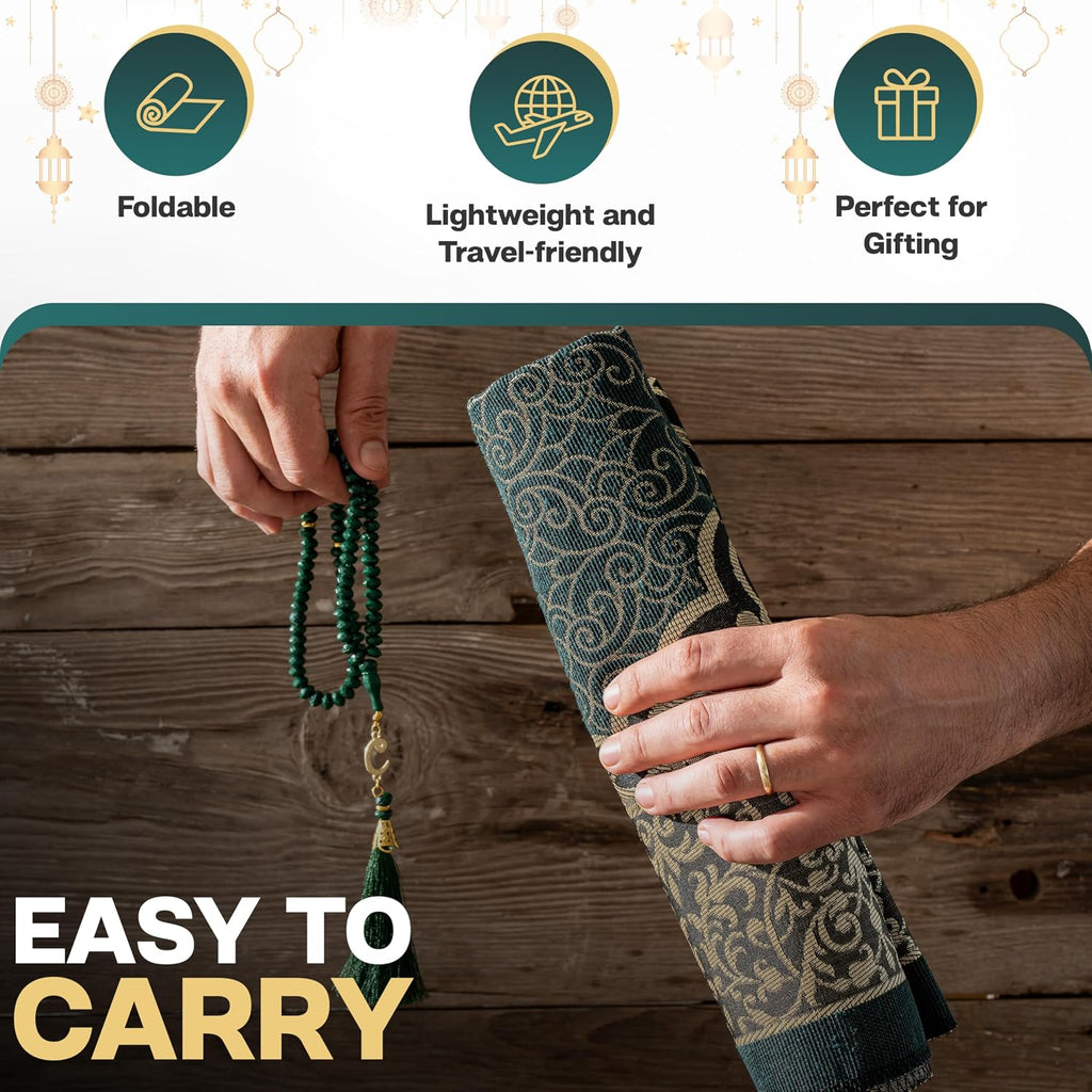 Muslim Prayer Rug with Islam Prayer Beads - Travel Prayer Mat, Islamic Gifts for Women, Portable Prayer Matt Islam