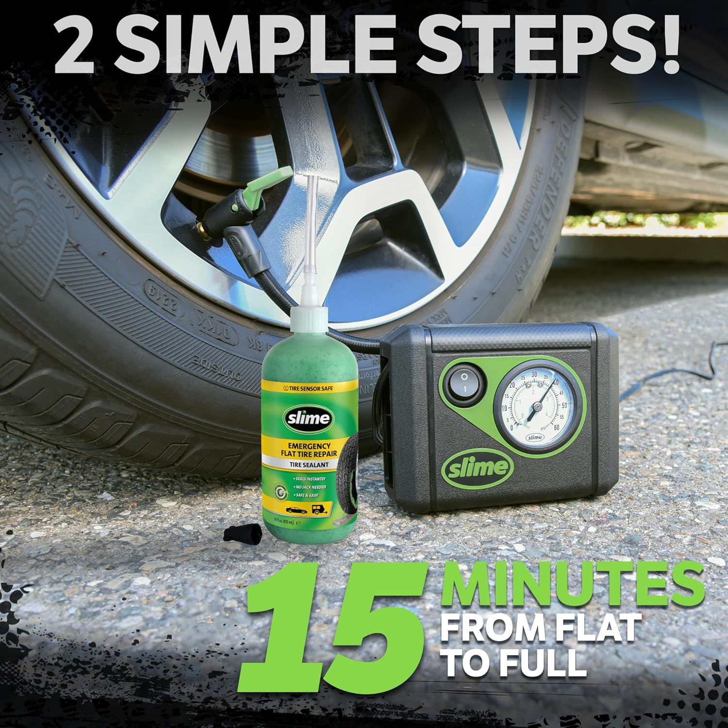 50107 Flat Tire Puncture Repair, Smart Spair, Emergency Kit For Car Tires, Includes Sealant And Tire Inflator Pump