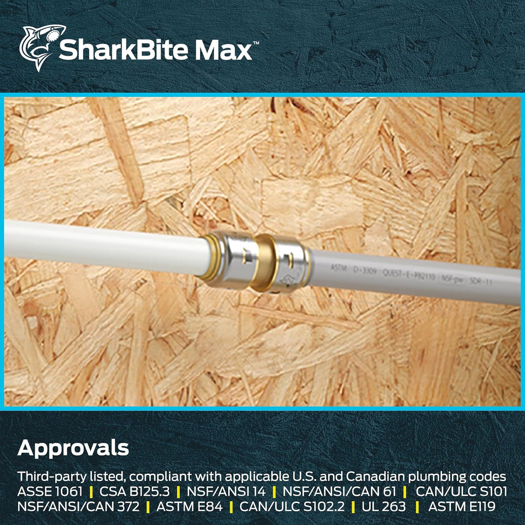 SharkBite Max 3/4 Inch Polybutylene Transition Coupling, Push to Connect Brass Plumbing Fitting, PEX Pipe, Copper, CPVC, PE-RT, HDPE, UR4016A