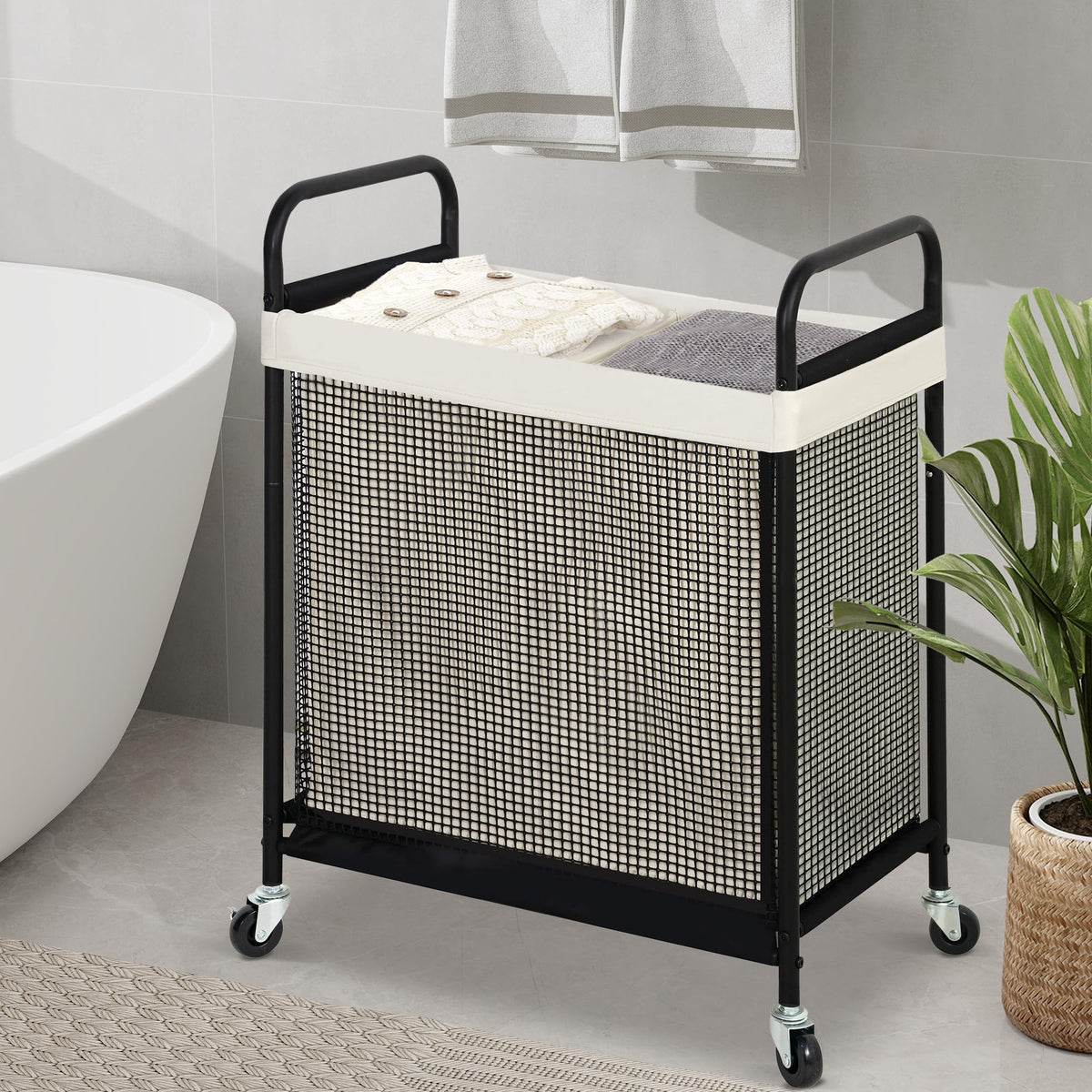Laundry Hamper 2 Section, 100L Rolling Laundry Sorter Cart with Removable and Washable Liner Bag, Clothes Hamper with