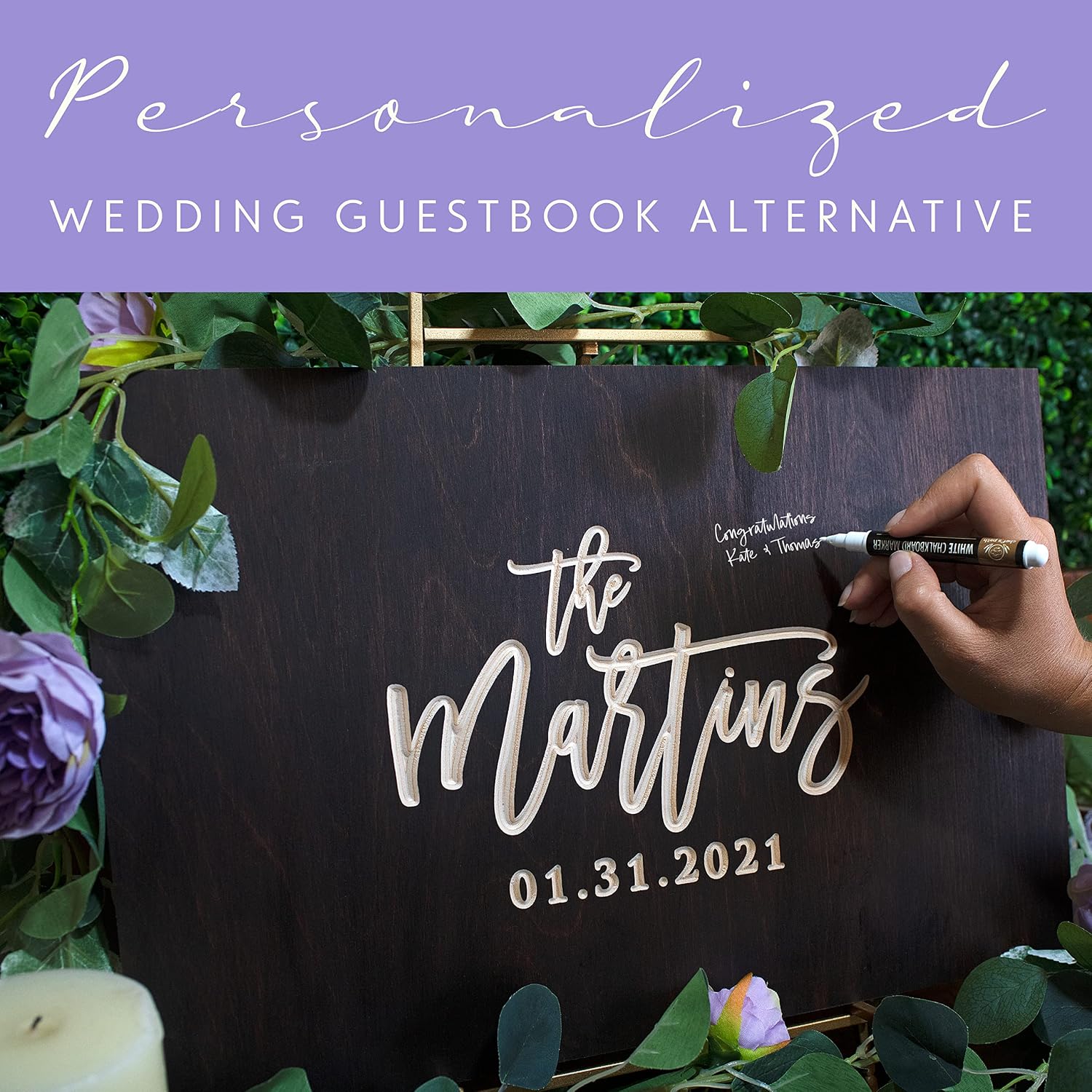 Personalized Wedding Guest Book Alternative | Family Name, Date | 5 Optional Wooden Colors, 2 Optional Shapes, 4