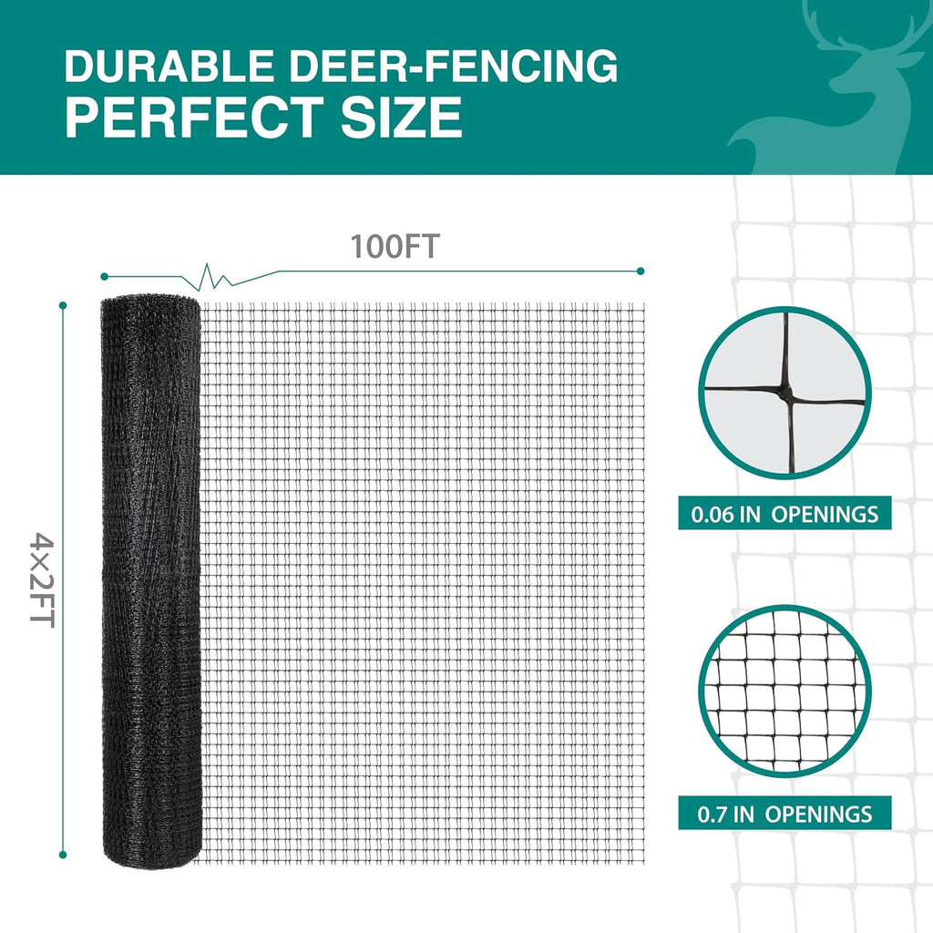 Deer Fence Netting, 8FT x 100FT Heavy Duty Black PP Coated, Garden Protection Barrier, 0.7"x0.7" 70gr/sqm Mesh