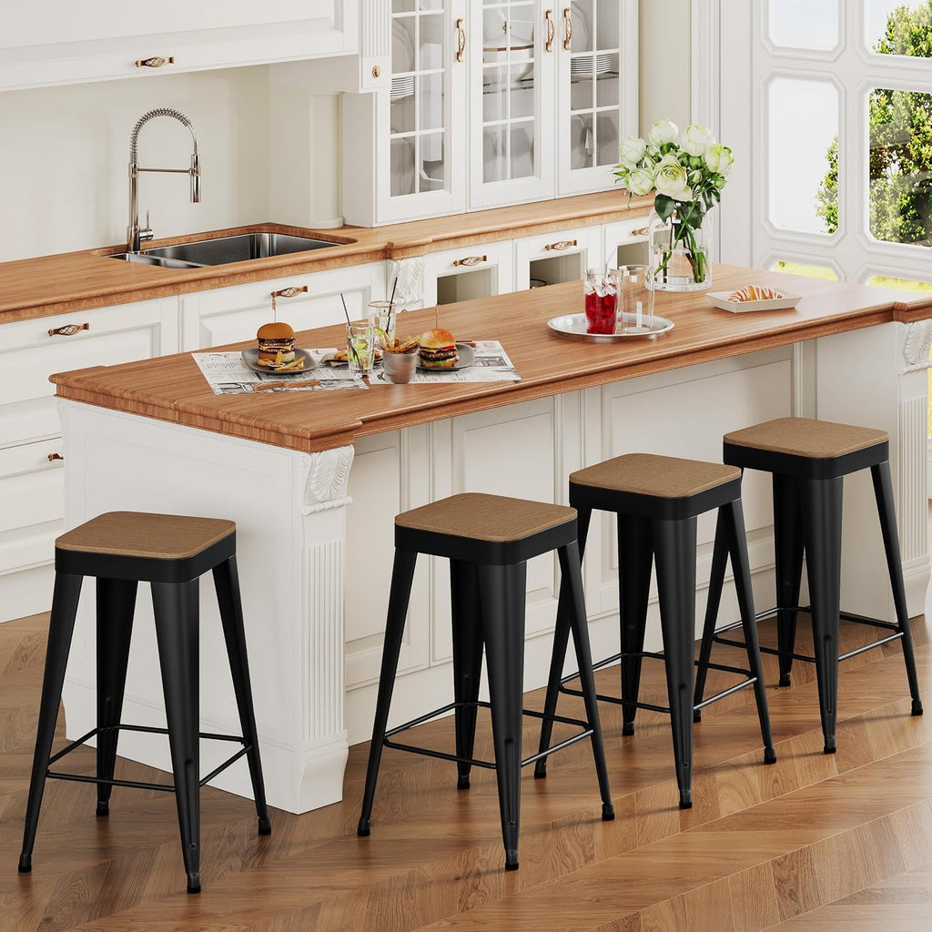 24" Metal Bar Stools Set of 4 Black Counter Height Stools with Wood Seat Stackable Backless Industrial Style Stools