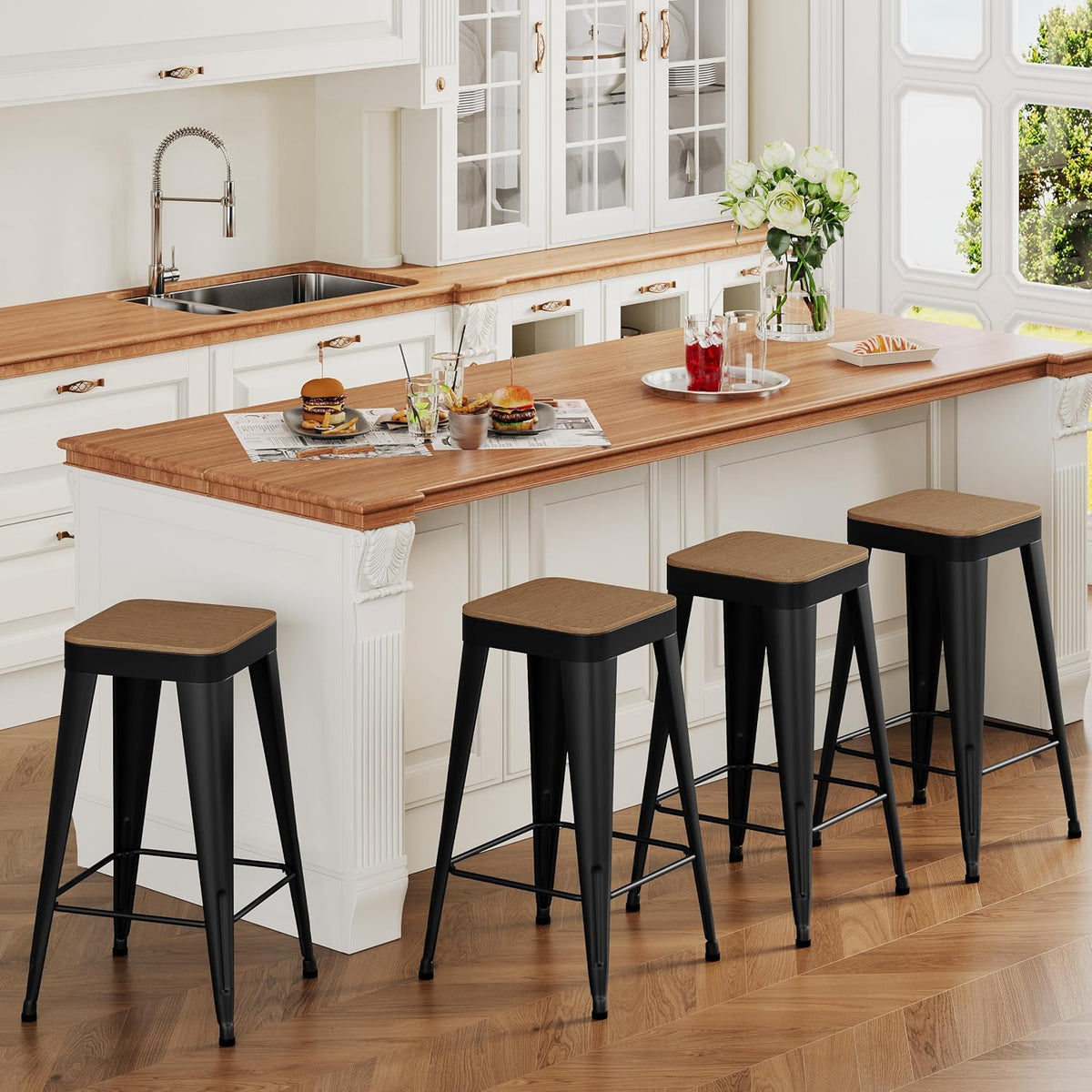 24" Metal Bar Stools Set of 4 Black Counter Height Stools with Wood Seat Stackable Backless Industrial Style Stools