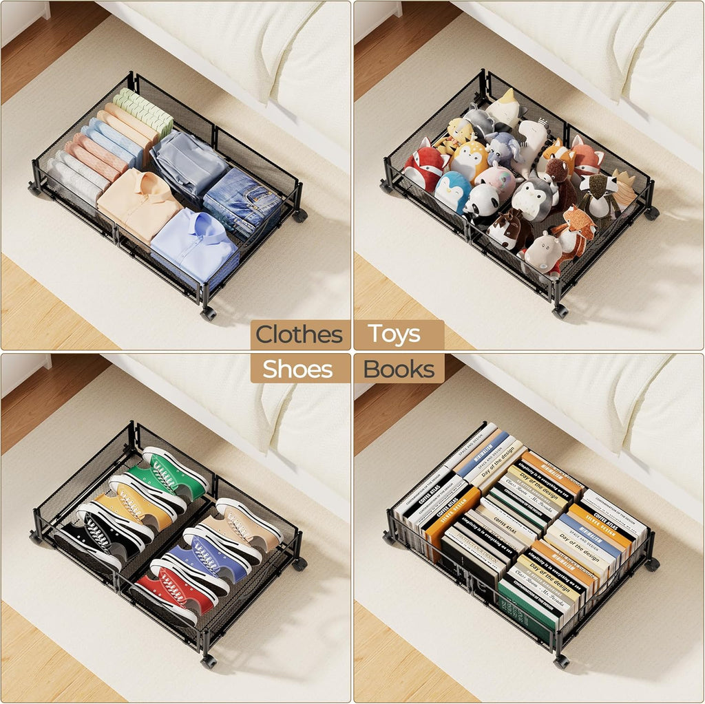 Under Bed Storage with Wheels, 4 Pack Under Bed Shoe Storage Organizer Drawer, Tool-free Assembly Metal Underbed
