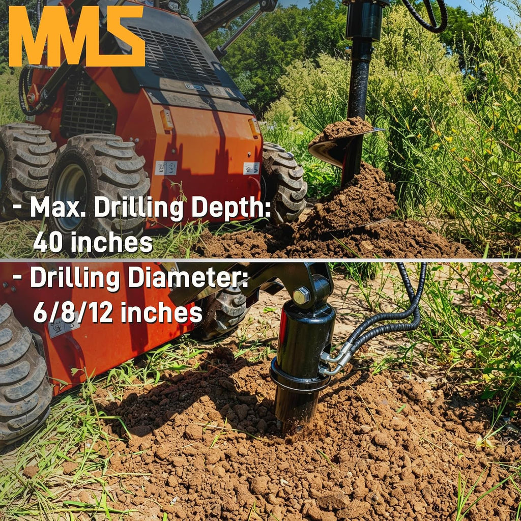Mini Skid Steer Loader Auger Attachments, Hydraulic Auger with 6"/8"/12" Drill Bits, Heavy Duty Skid Steer Attachment