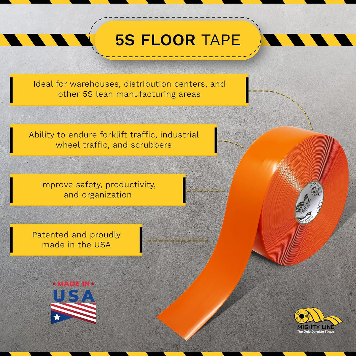 5S Floor Marking Tape, 3 in Wide, 100 ft Roll, Orange