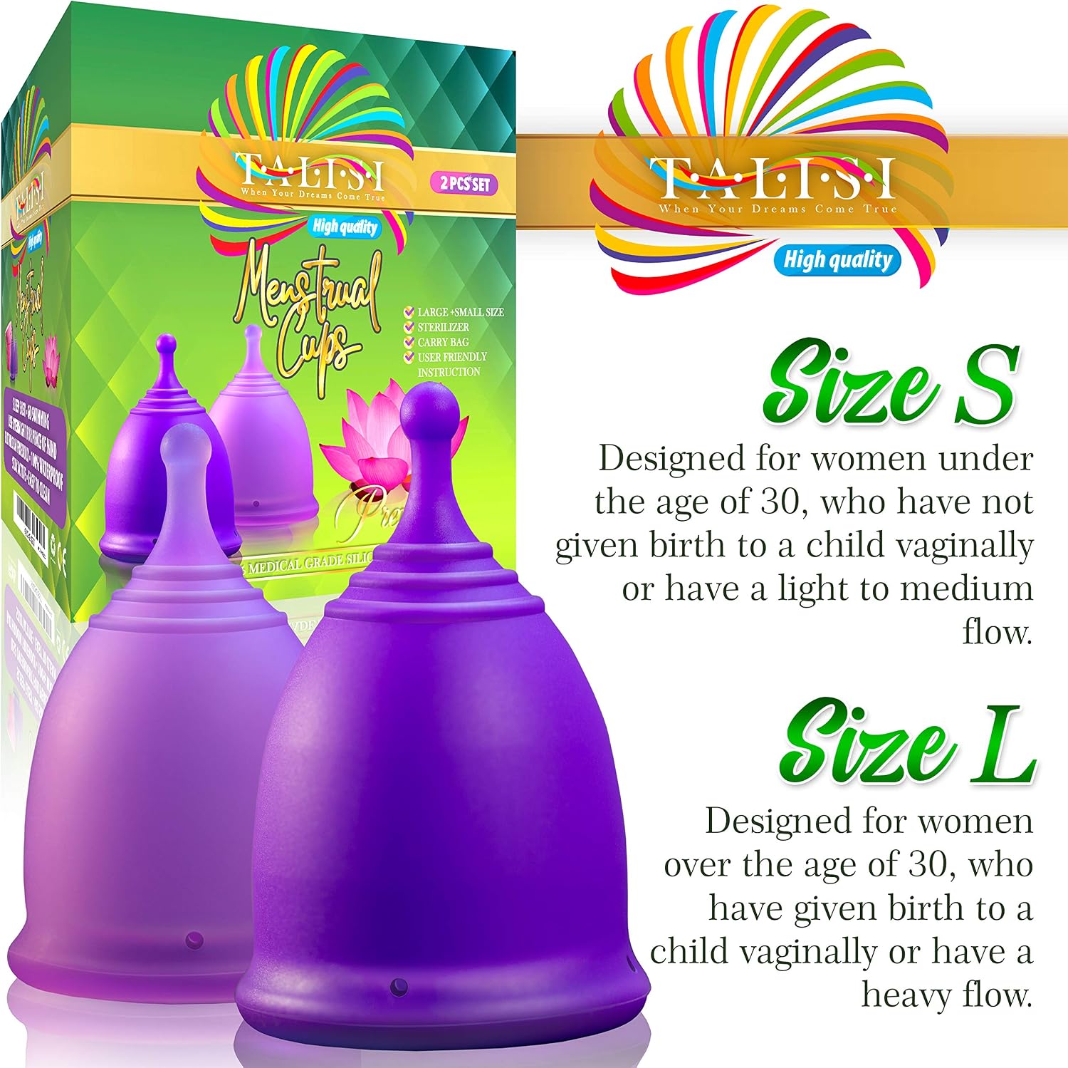 Talisi Reusable Menstrual Cup (Small & Large) Set of 2 with Foldable Silicone Sterilizer, Copa Menstruelle, Soft