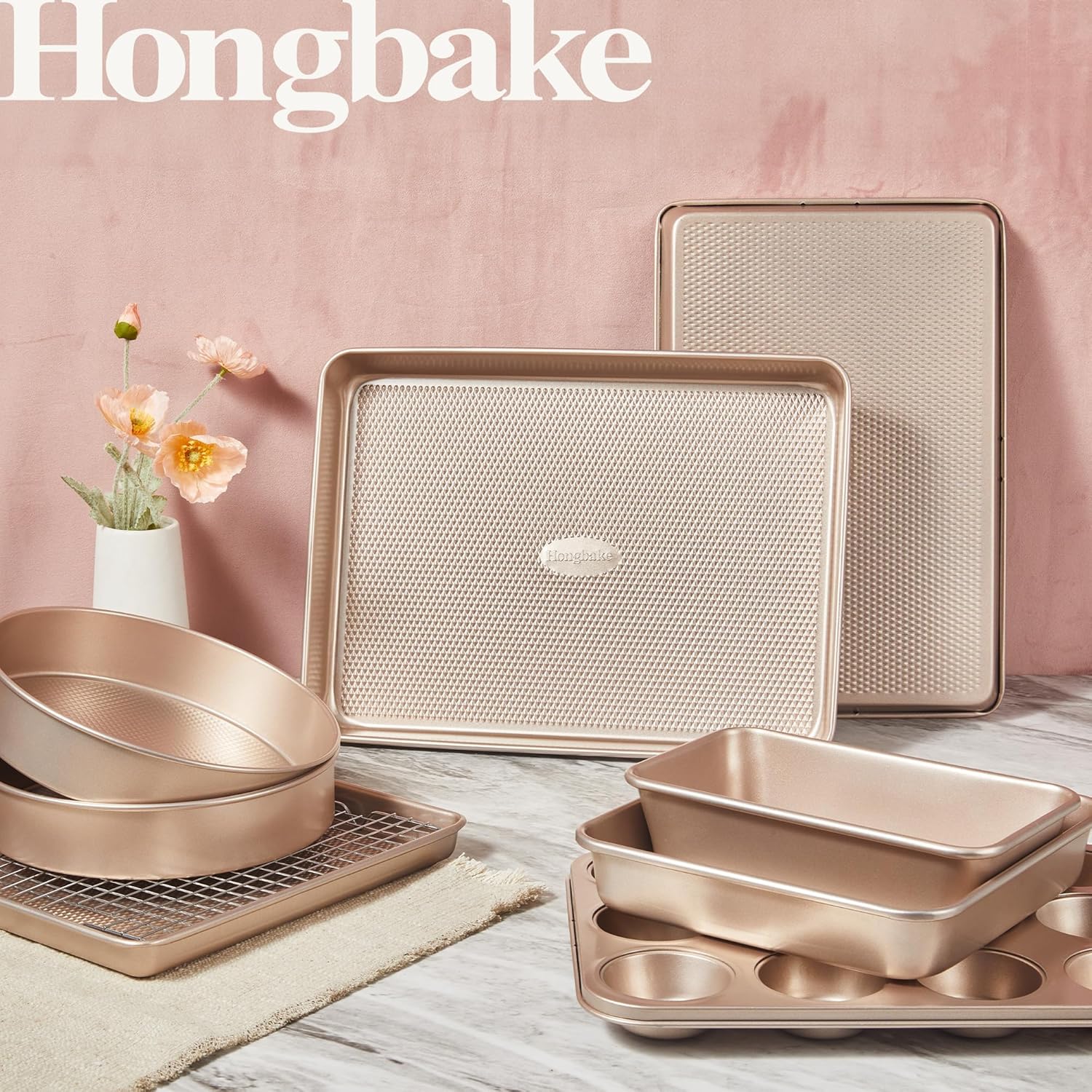 9-Piece Baking Pans Set Nonstick, Stackable Non Toxic Bakeware Sets with Diamond Texture, Oven Pan Set for Cooking