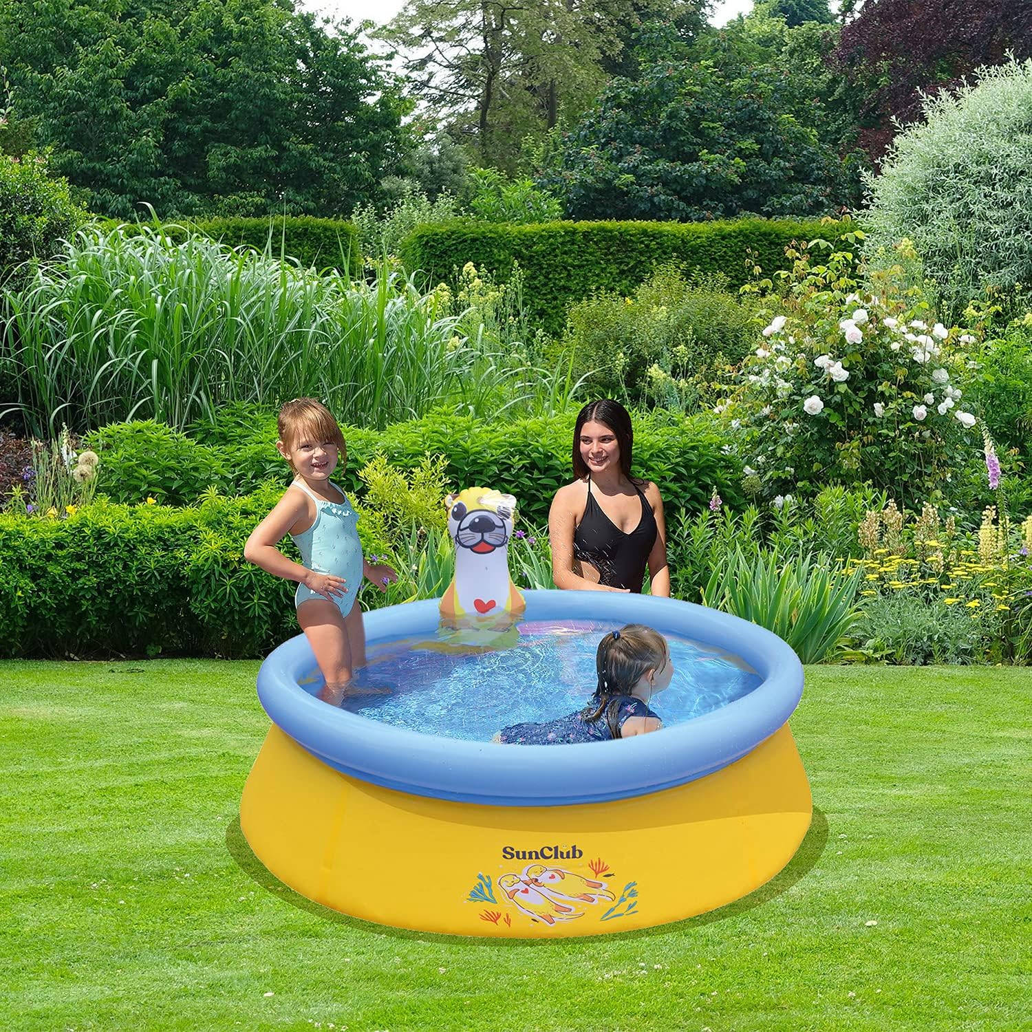 Sun Club 5 Foot 2 Person Outdoor Above Ground Blow Up Inflatable Kiddie Swimming Pool with 3D Sea Otter Spray