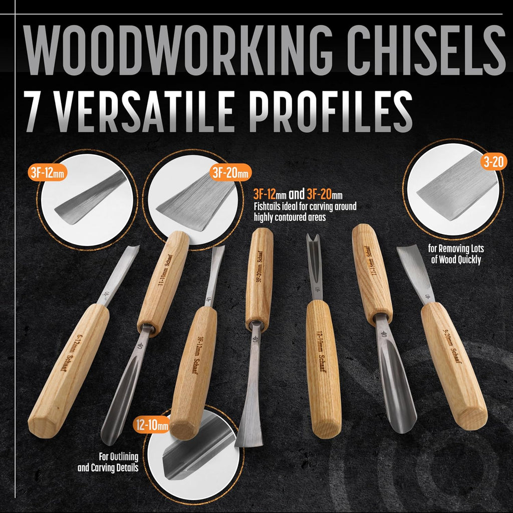 7-pc Wood Chisel Set with Gouges, Cr-V 60 Steel | Full size carving chisels for sculpture and relief carving