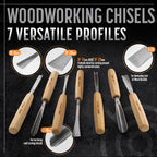 7-pc Wood Chisel Set with Gouges, Cr-V 60 Steel | Full size carving chisels for sculpture and relief carving
