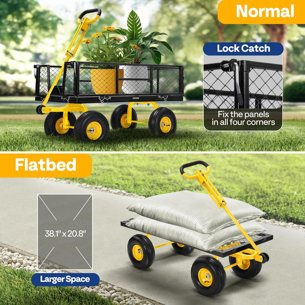 Garden Cart Steel Heavy Duty 900 LBS Yard and Garden Wagon with 10 inch Tire and Handle Attach to ATV or Tractor Black