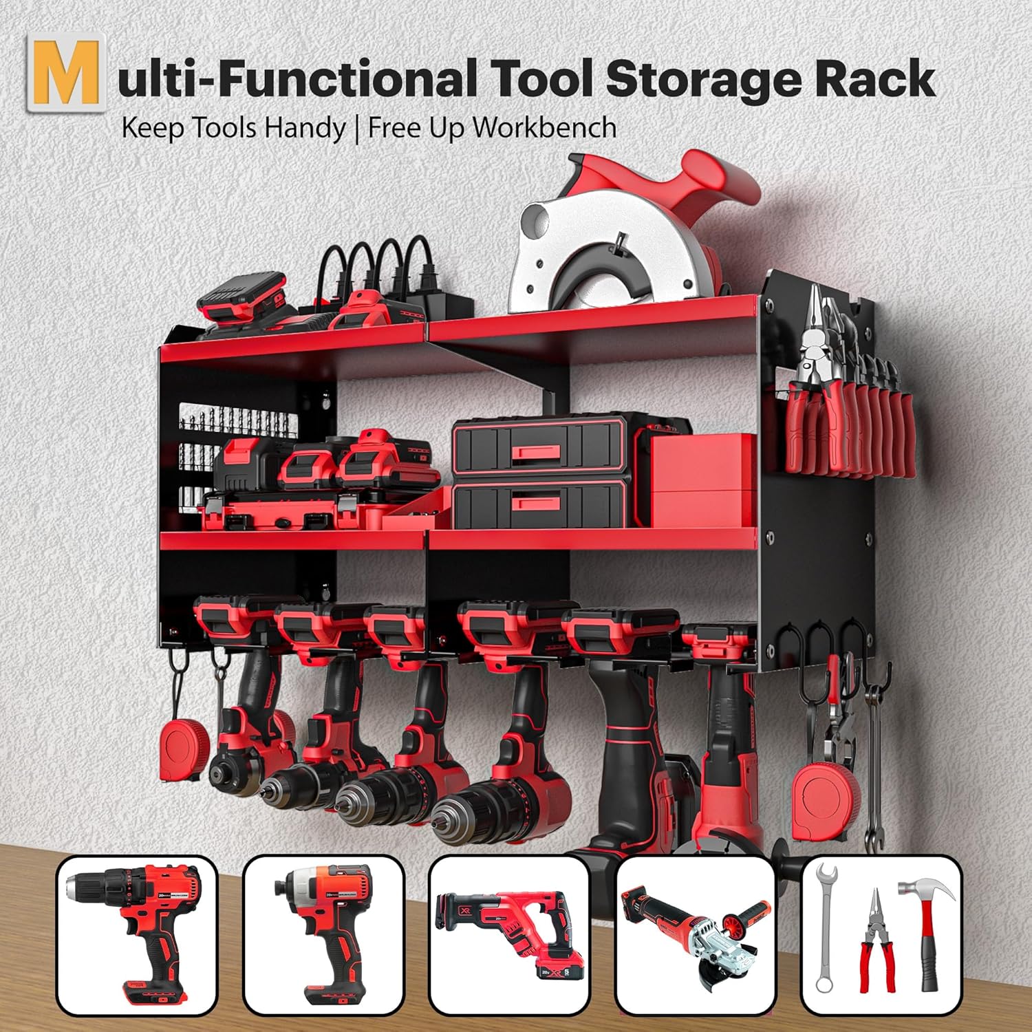 Power Tool Organizer Wall Mount with Charging Station, 15 Min Assembly & Maximum 420lbs Load by Heavy Duty Metal, 8