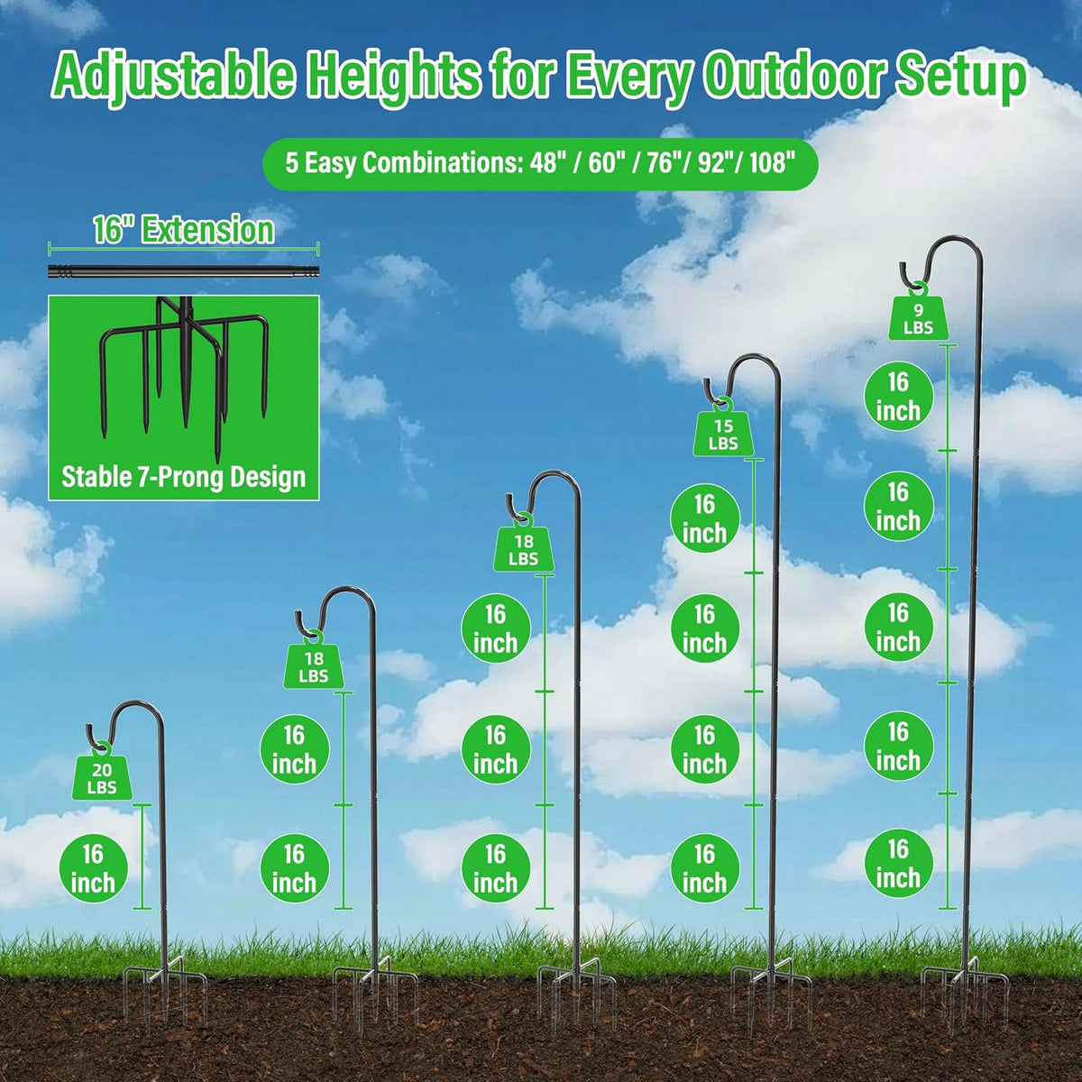 76" Adjustable Shepherd Hook for Outdoor, Heavy Duty Metal Bird Feeder Pole with 7-Prong Base, Garden Hook for