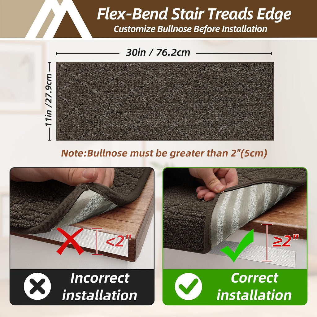 Self Adhesive Bullnose Carpet Stair Treads Non Slip,Brown,11"x30",14 Pack
