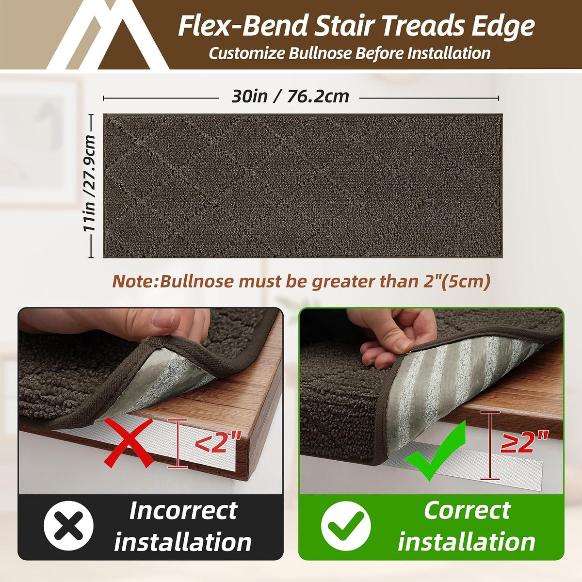 Self Adhesive Bullnose Carpet Stair Treads Non Slip,Brown,11"x30",14 Pack