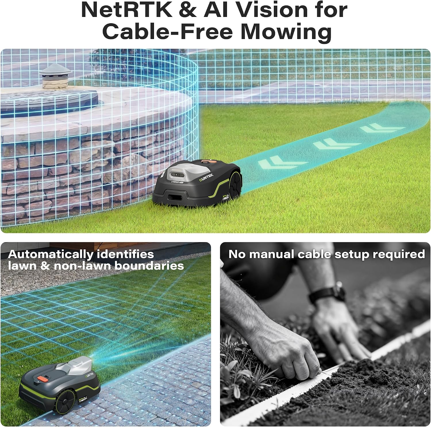 RTK Robot Lawn Mower, Perimeter Wire Free RTK+Vision Robotic Lawnmower for 1/4 Acres Lawn, Auto Mapping, APP Control