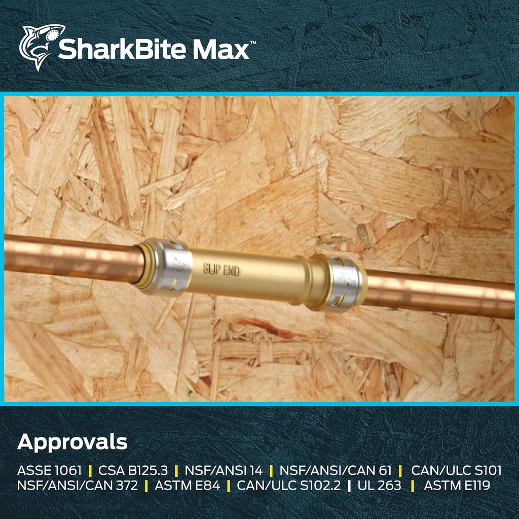 SharkBite Max 1 x 1 in Slip Coupling, Push-to-Connect Brass Plumbing Fitting, UR3020A