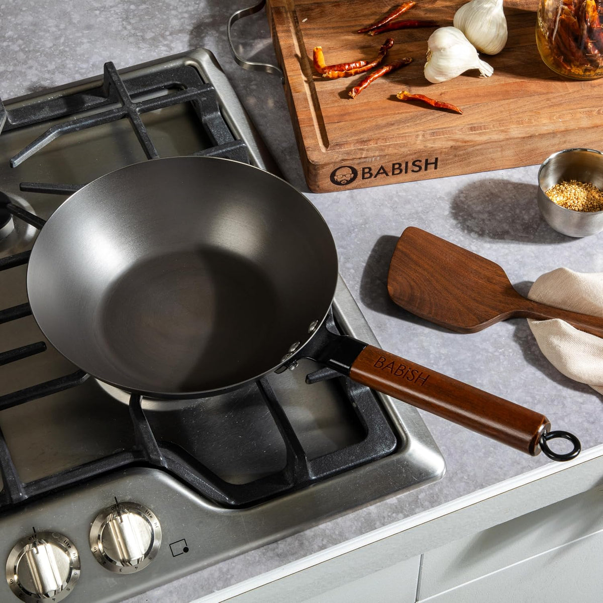 9.5 Inch Carbon Steel Wok Pan, Flat Bottom Stir Fry Pan, Induction