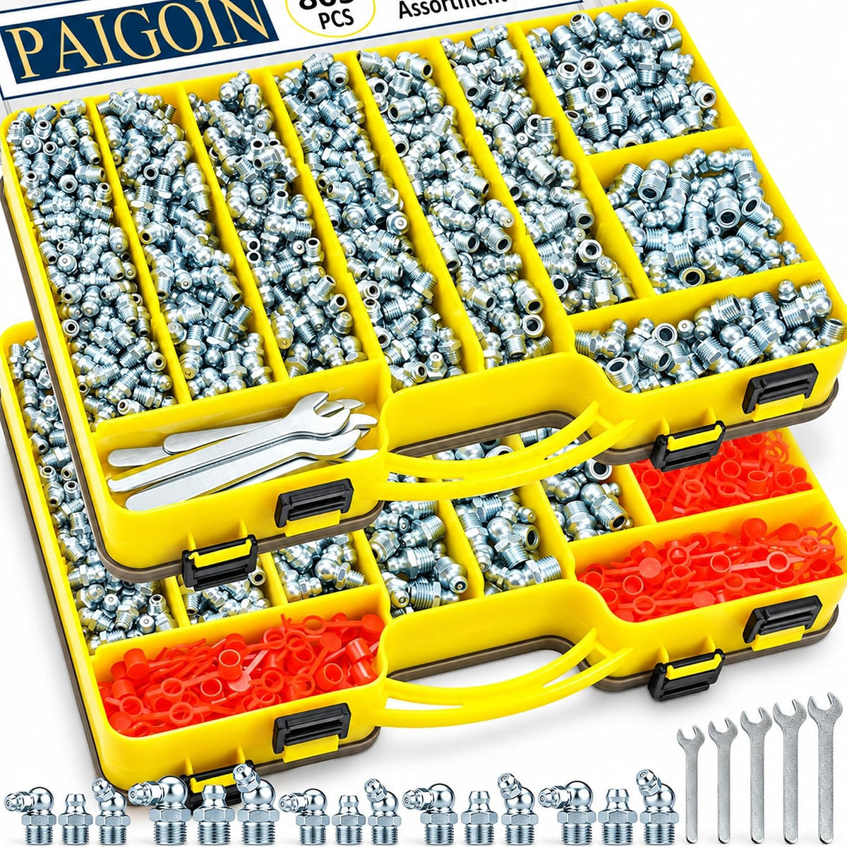 800PCS Grease Fittings Kit, SAE & Metric with Caps and Wrench Kit