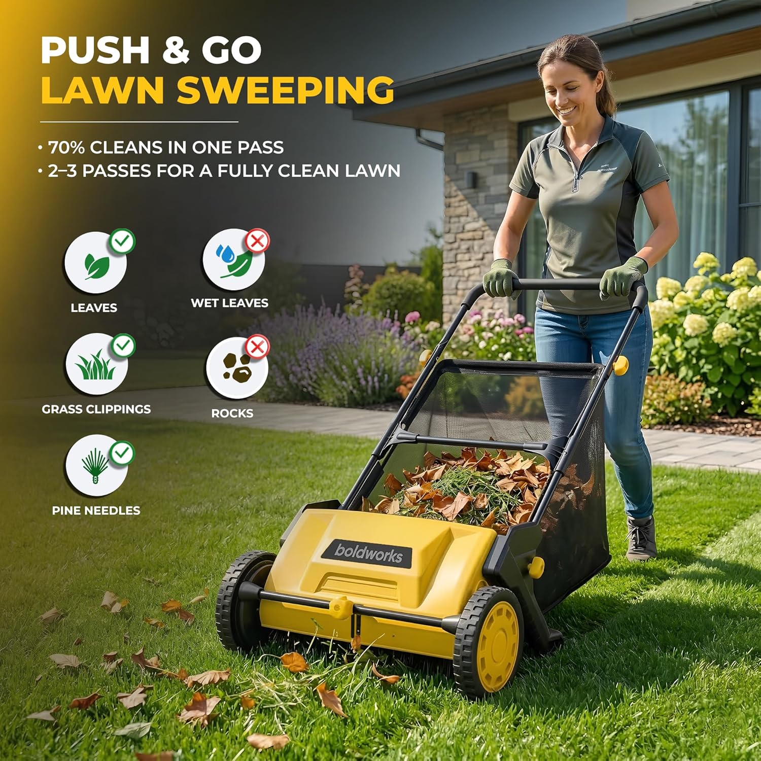 Push Lawn Sweeper Yard Leaf Collector 21" Leaves Picker for Grass Cleanup