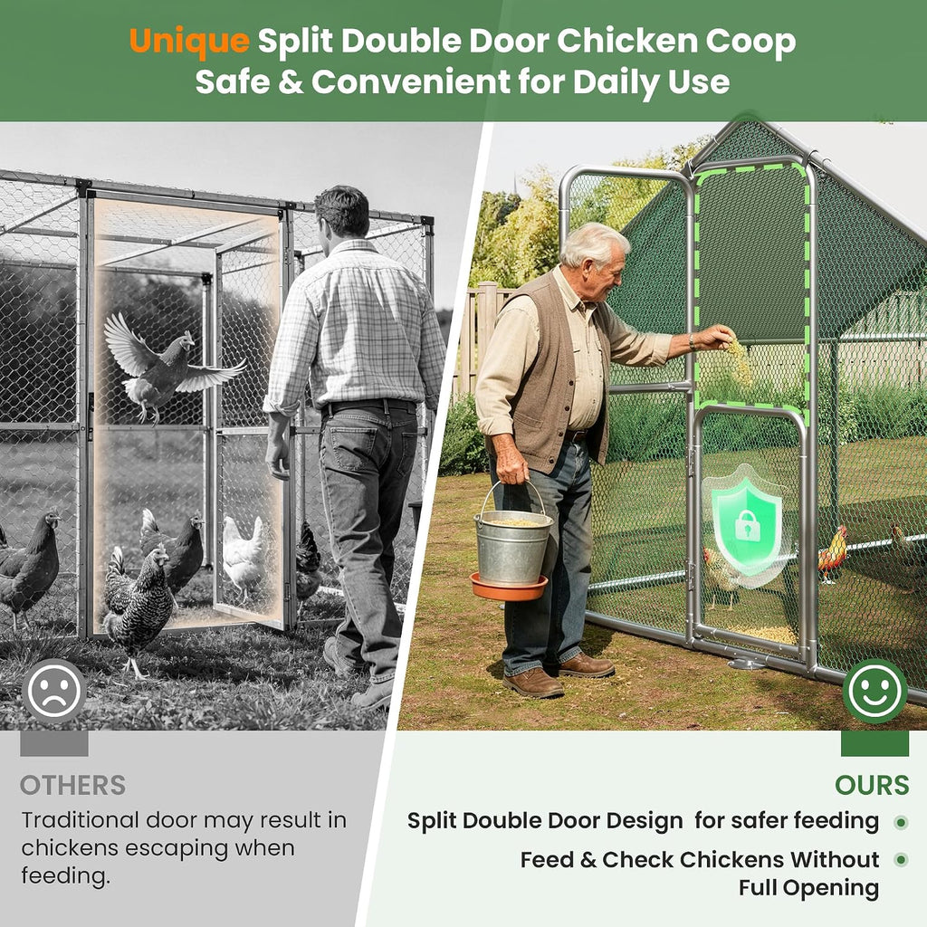 Large Metal Chicken Coop 10x6.5 FT Walk in Chickens Run with Chicken Roosting Perch, Outdoor Chicken House with
