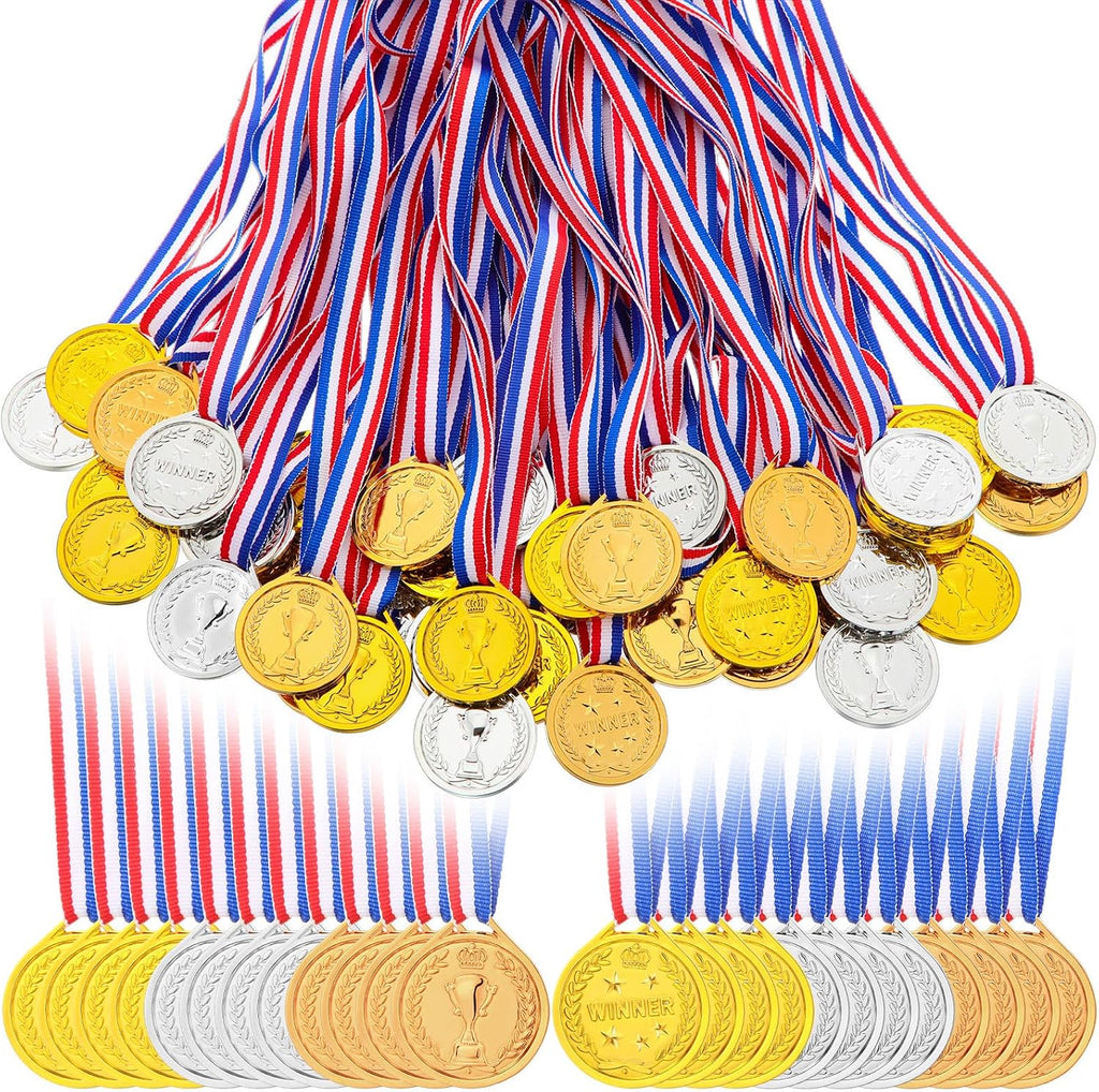 48 Pcs Gold Silver Bronze Plastic Medals for Kids Winner Award Medal Bulk 1st 2nd 3rd Place Prize Neck Ribbon for