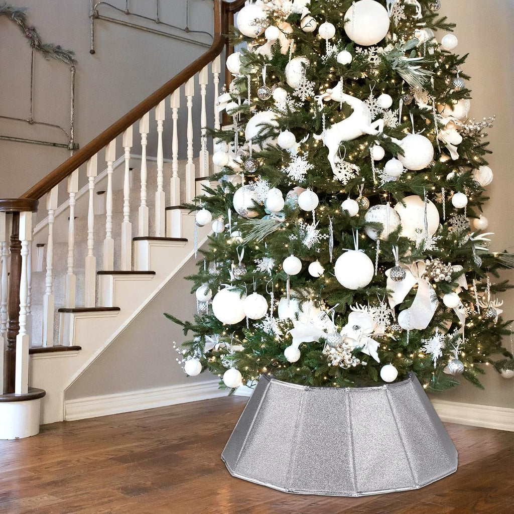 Fabric Christmas Tree Collar - Glittering Ring and Willow Skirt for Tree Decorations (Glitter Silver)