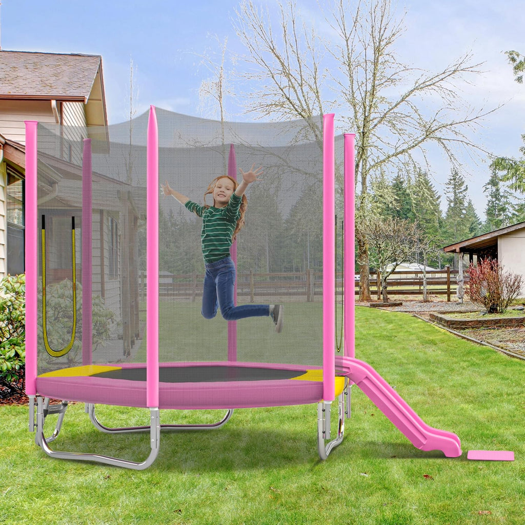 7FT Kids Trampoline with Safety Enclosure Net, Slide and Ladder, Easy Assembly Round Outdoor Recreational Trampoline