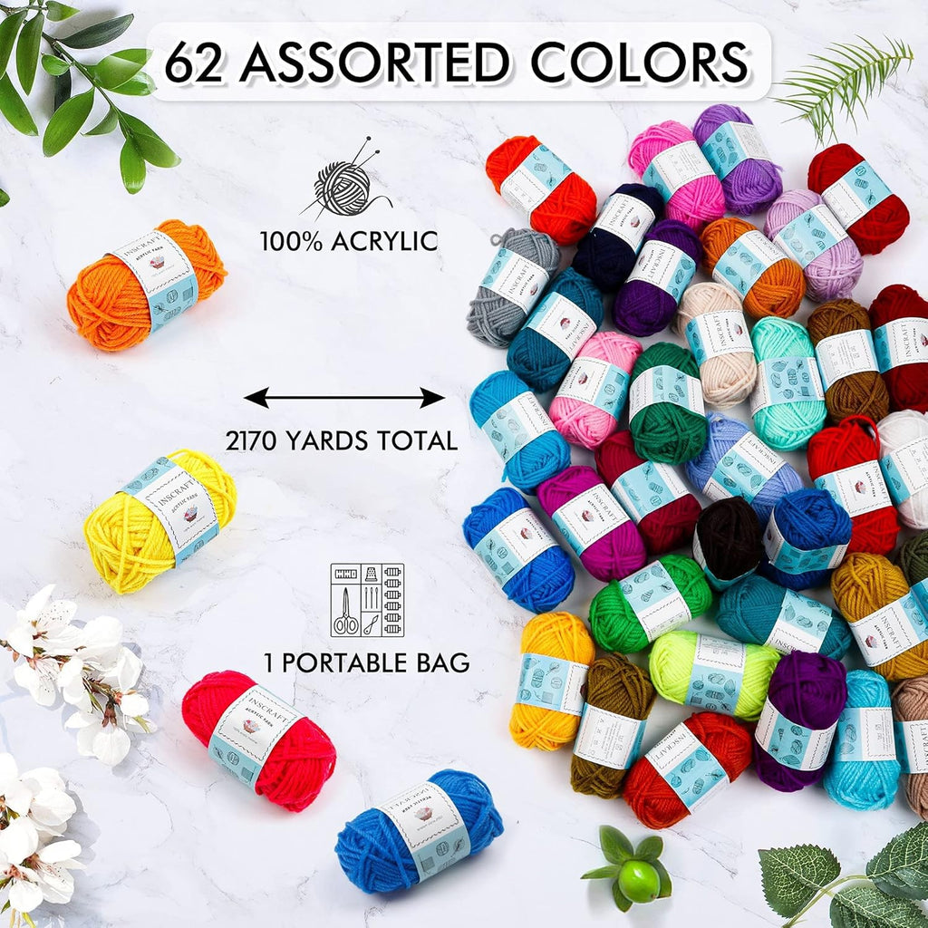 62 Acrylic Yarn Skeins, 2170 Yards Yarn for Knitting and Crochet, Includes 2 Crochet Hooks,2 Weaving Needles,10