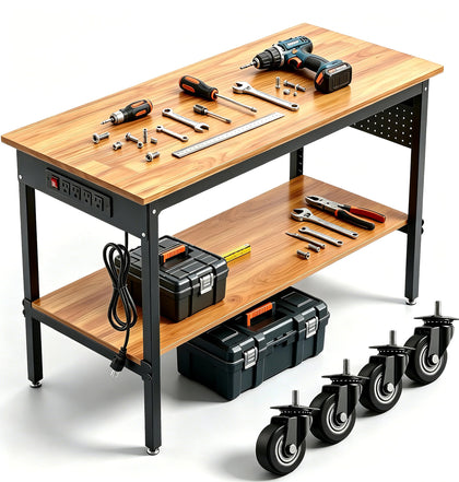 60 Inch Rolling Adjustable Workbench with Power Outlet