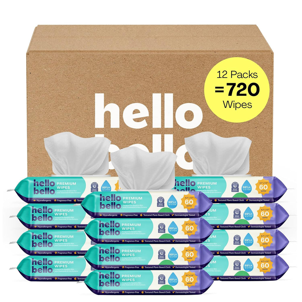 Premium Fragrance-Free Baby Wipes, with Chamomile & Aloe Extracts for Sensitive Skin - 12 Resealable Packs = 720