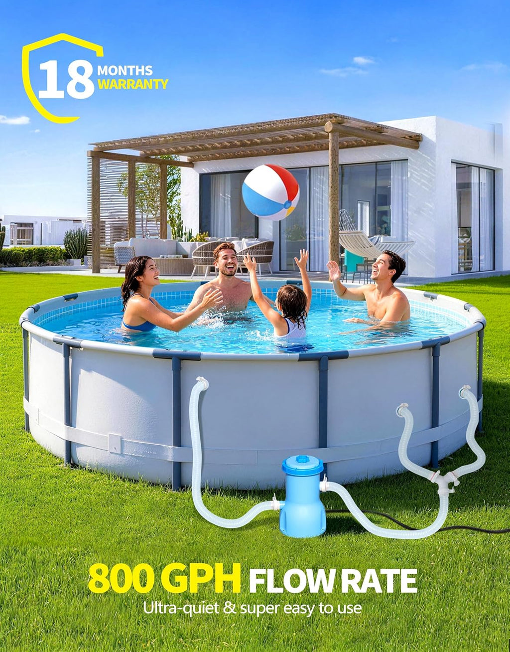 Standard Series Above Ground Pool Filter Pump - 800 GPH Flow Rate | Rapid Circulation & Micro-Debris Filtration, Pool
