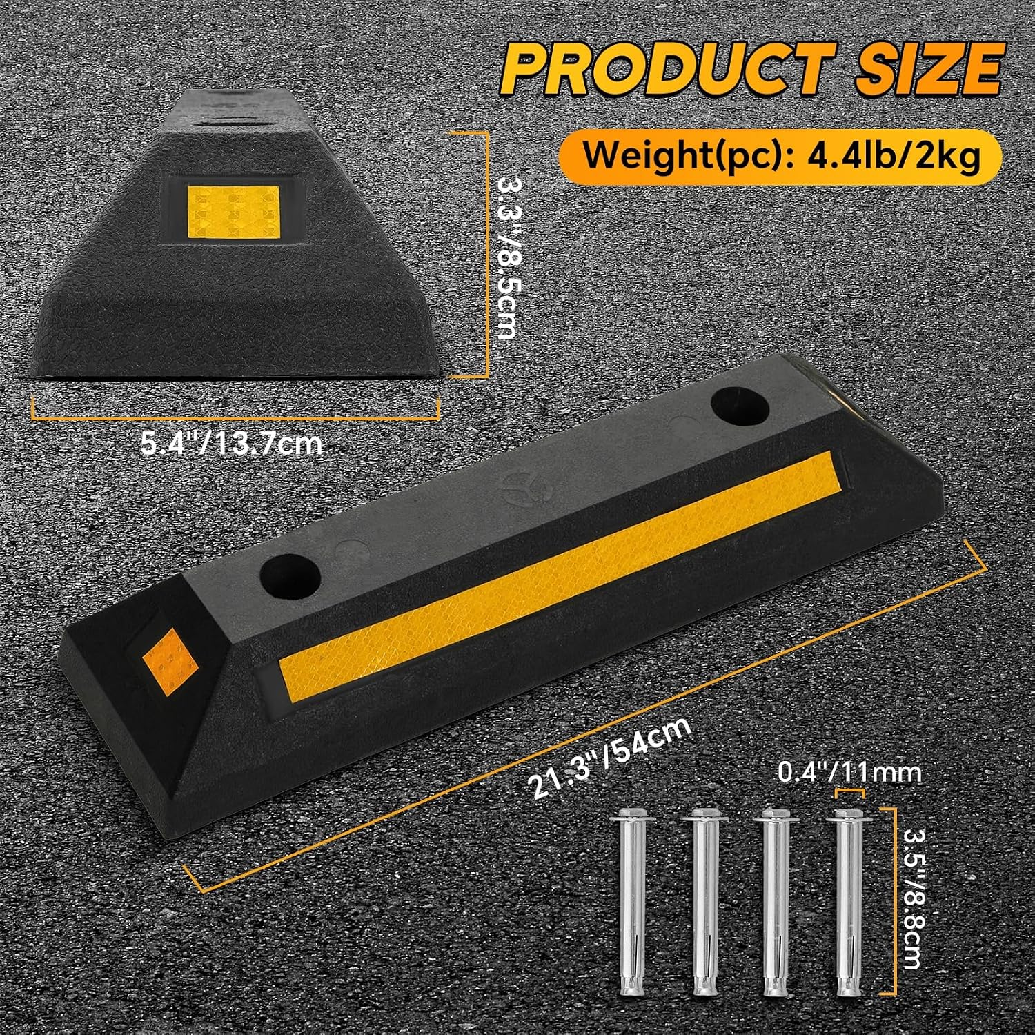 Heavy Duty Rubber Curb Car Stop 2-Pack | Curb Garage Vehicle Floor Stopper for Parking Safety with Reflective Yellow