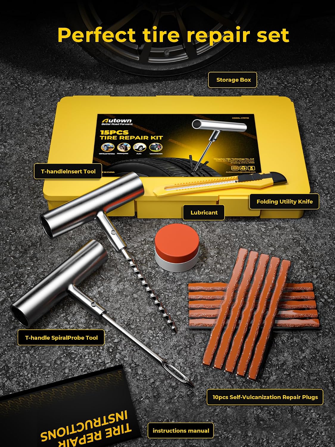 Flat Tire Repair Kit 15pcs, Heavy Duty Tire Plug Kit to Fix Puncture | Tire Patch Kit with Portable Storage Case