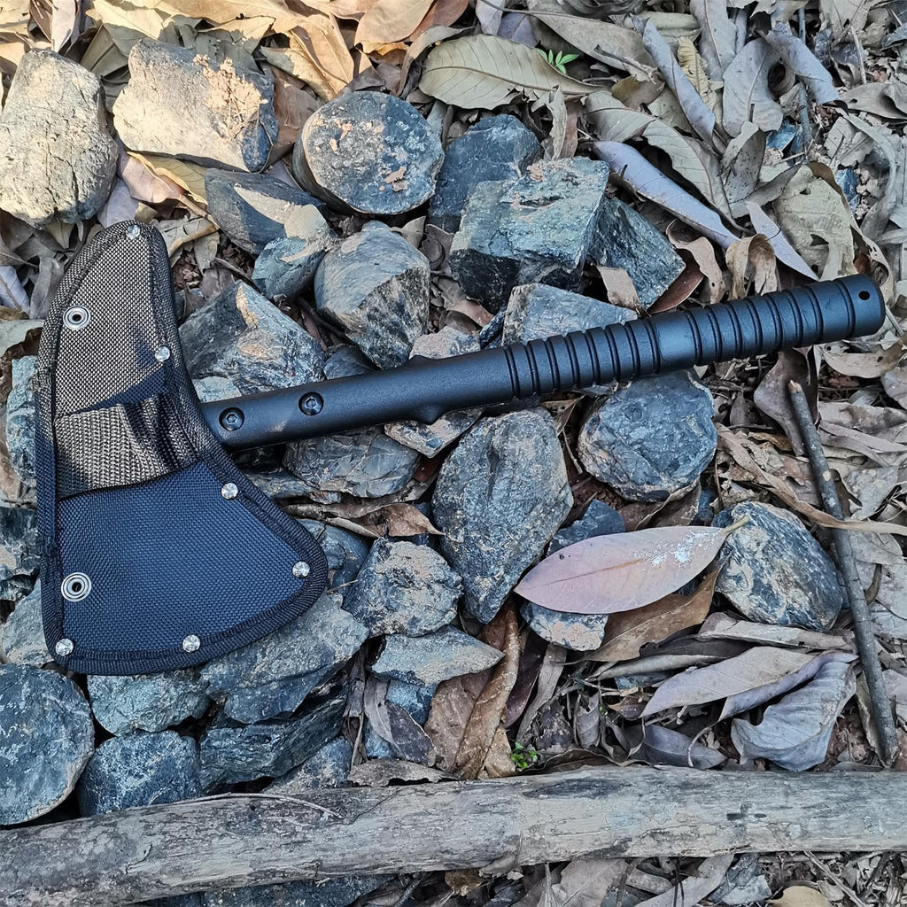 15.1" Camping Axe, Survival Throwing Hatchet with Sheath, Tactical Tomahawk with Spike, Nylon Fiber Handle for