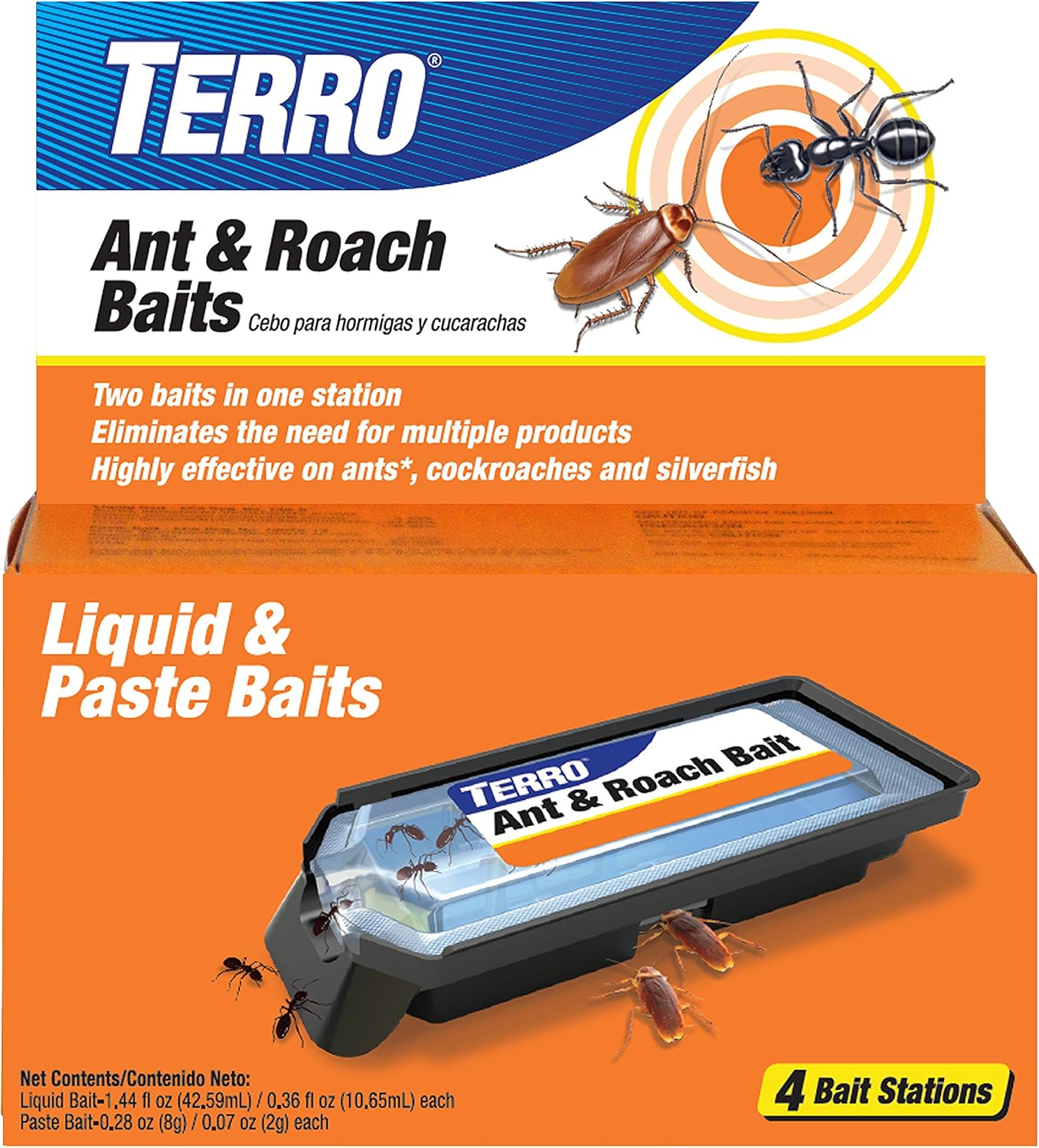 Ant & Roach Bait, 4-Pack, Indoor Ant Killer and Roach Killer | Pre-Filled Dual Bait Stations Attract and Kill Ants