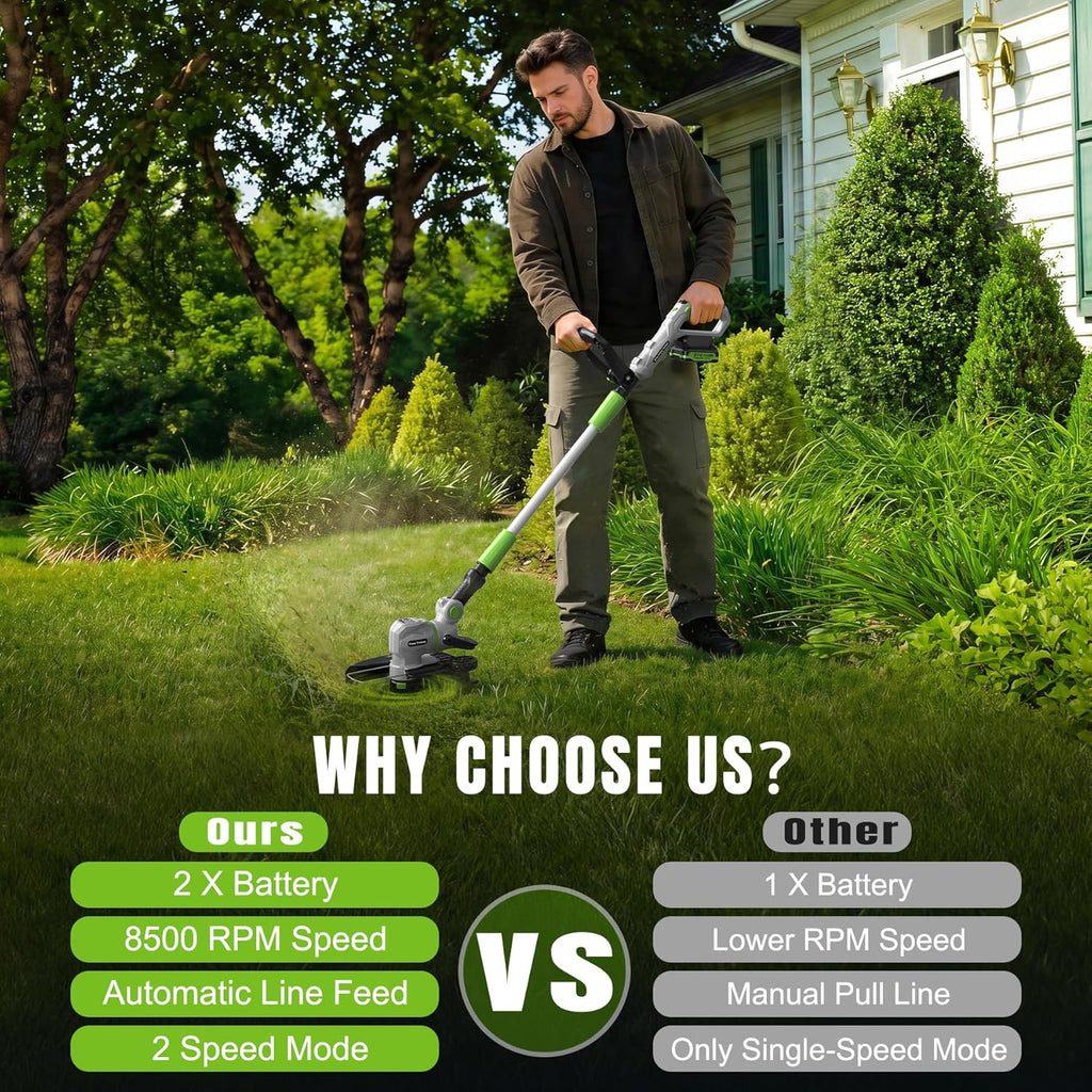 12" 21V Weed Wacker Cordless, 2 in 1 String Trimmer and Edger | Automatic Line Feed, 2 Speed Modes, 2 X 2.0Ah