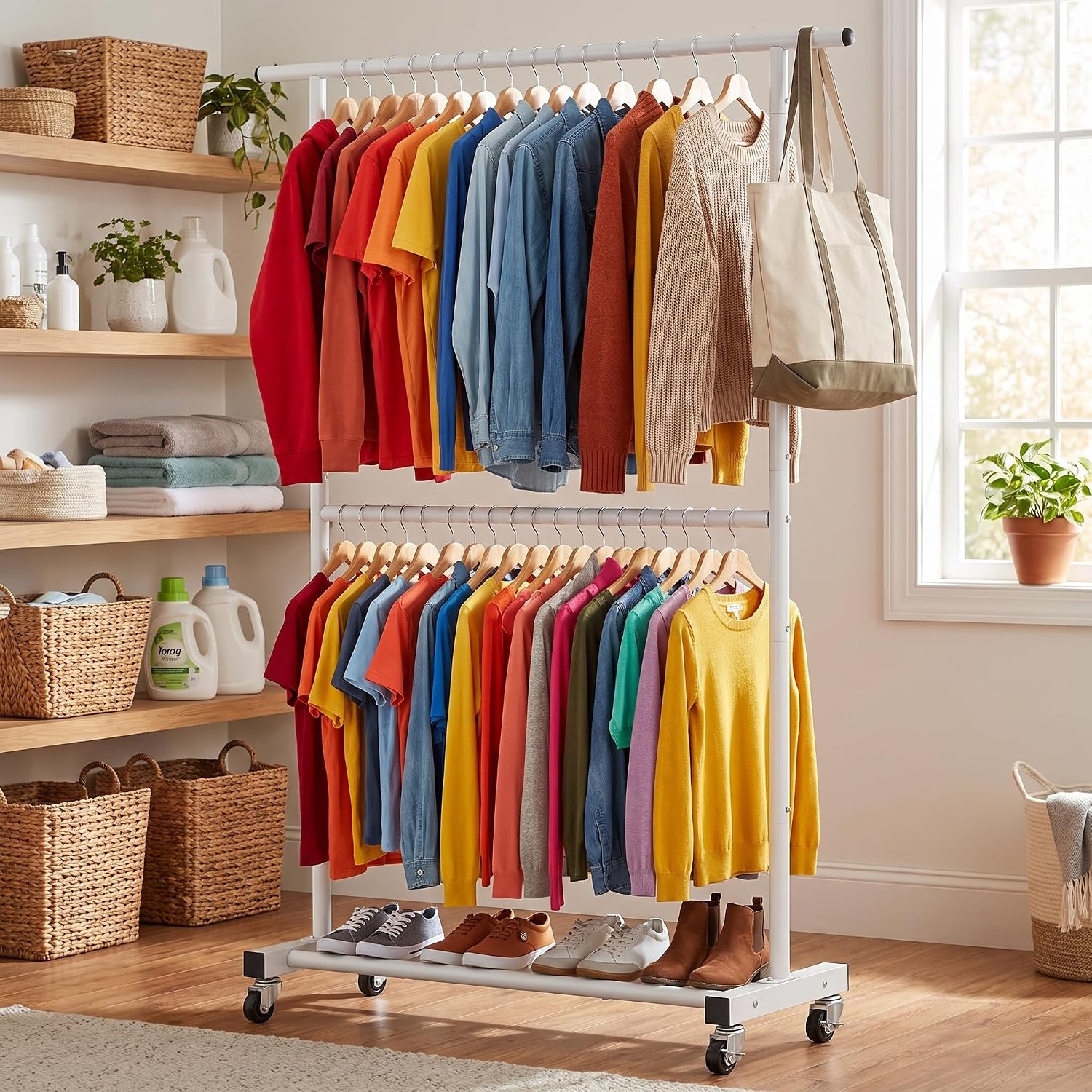 Double Rod Metal Clothing Garment Rack on Wheels, White | Rolling Clothes Organizer, for Hanging Clothes,Coats,Easy