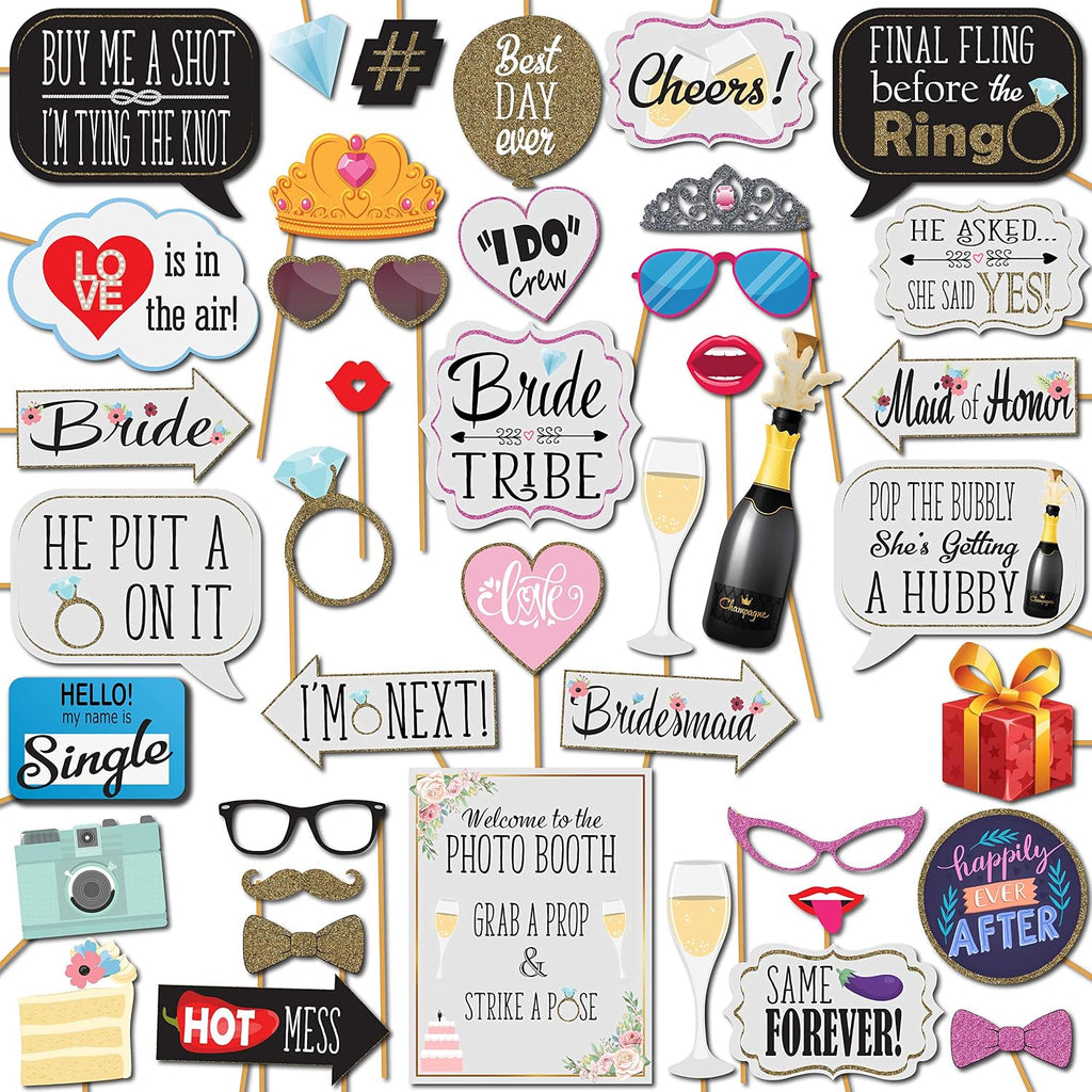 Bridal Shower Photo Booth Props - 41-pc Photo Booth Kit with 8 x 10-Inch Sign, 60 Adhesive Pads, 45 Sticks - Team
