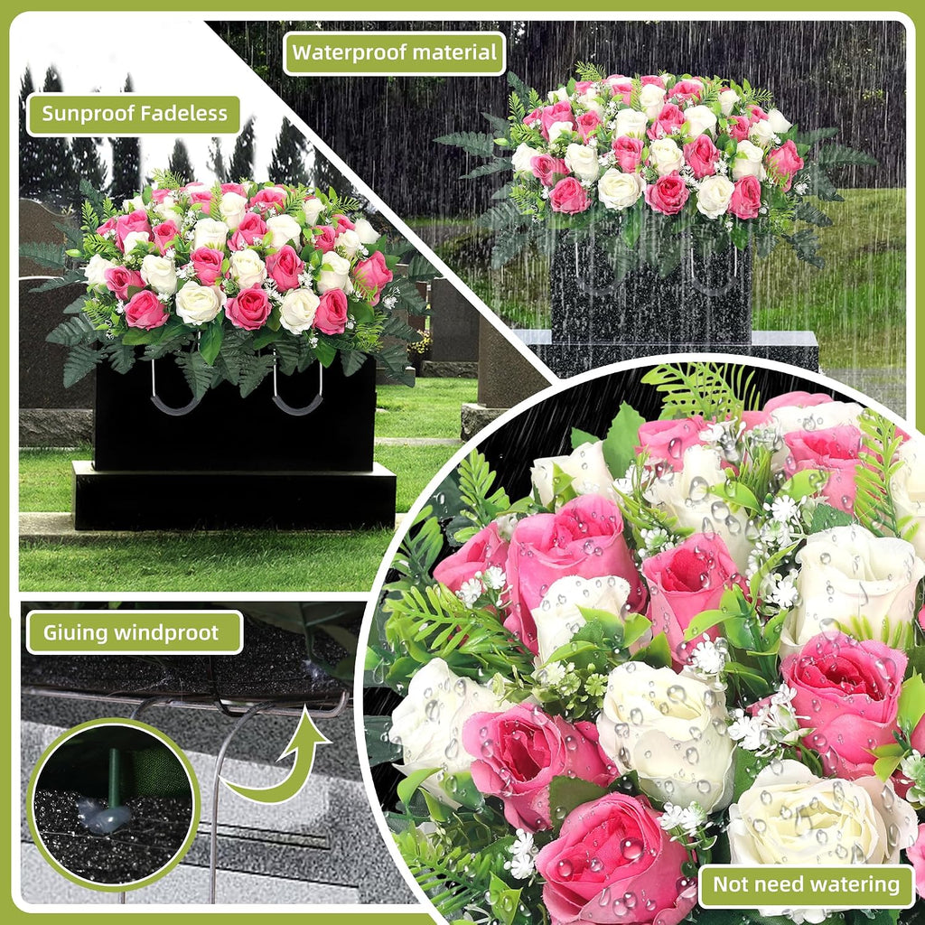 Artificial Cemetery Flowers for Grave,Headstone Flowers Saddle Outdoor Grave Saddle Memorial Silk Roses Flowers for