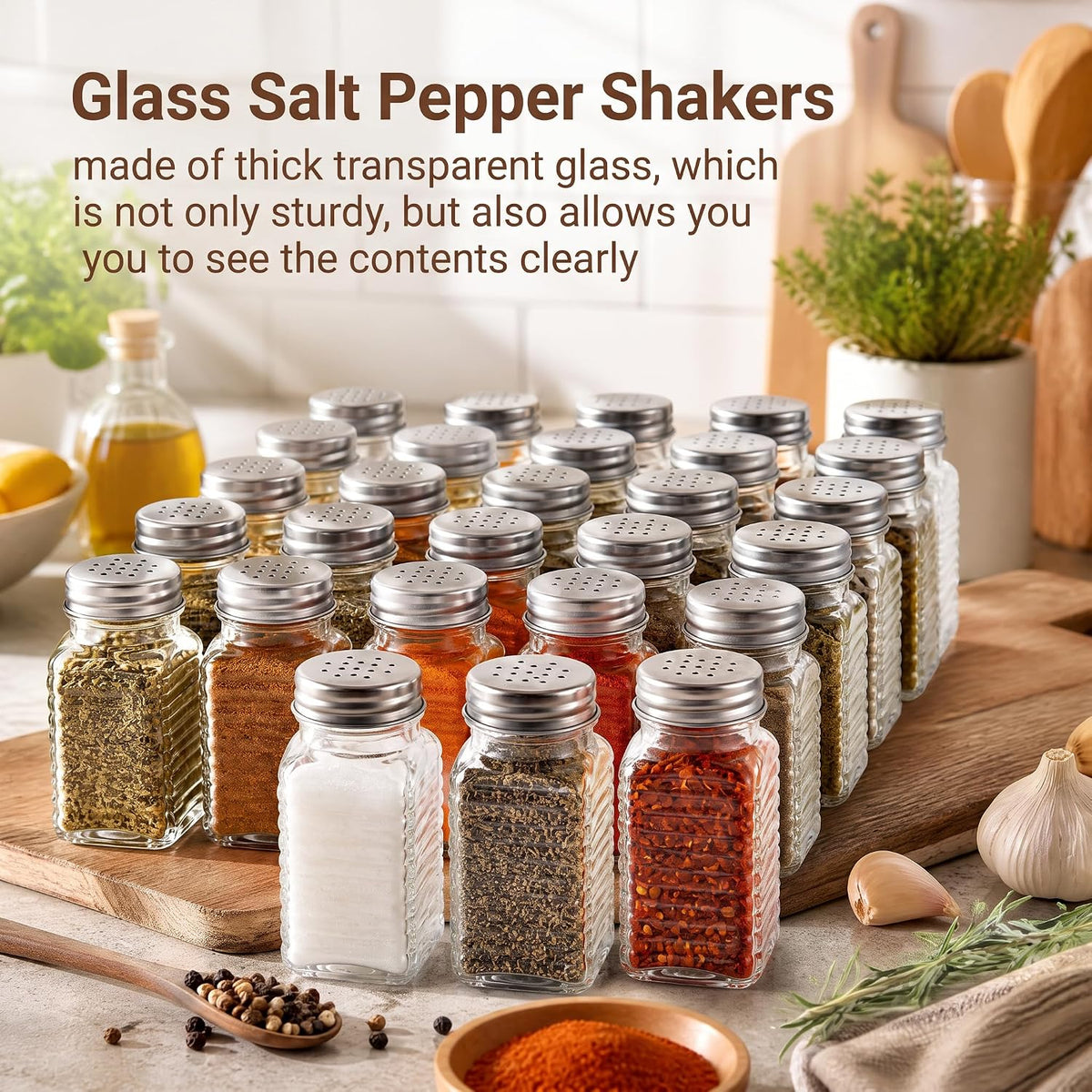 30 Pack Salt and Pepper Shakers, 3.3oz Glass Shakers Spice Jar with Metal Lids for Salt, Pepper, Spices, Seasonings