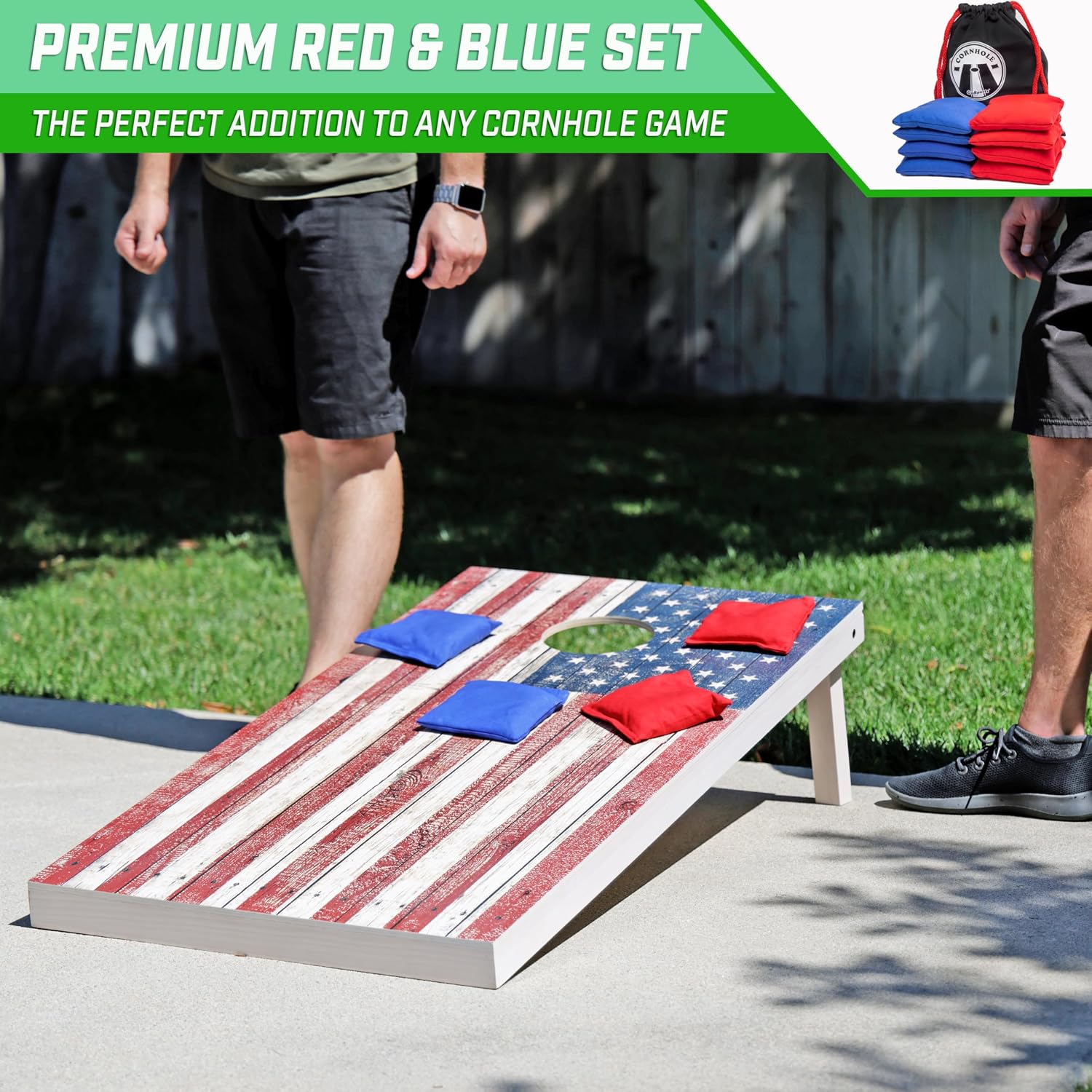Official Regulation Cornhole Bean Bags Set of 8 – for Competitive Cornhole Games - All Weather - American Stars and