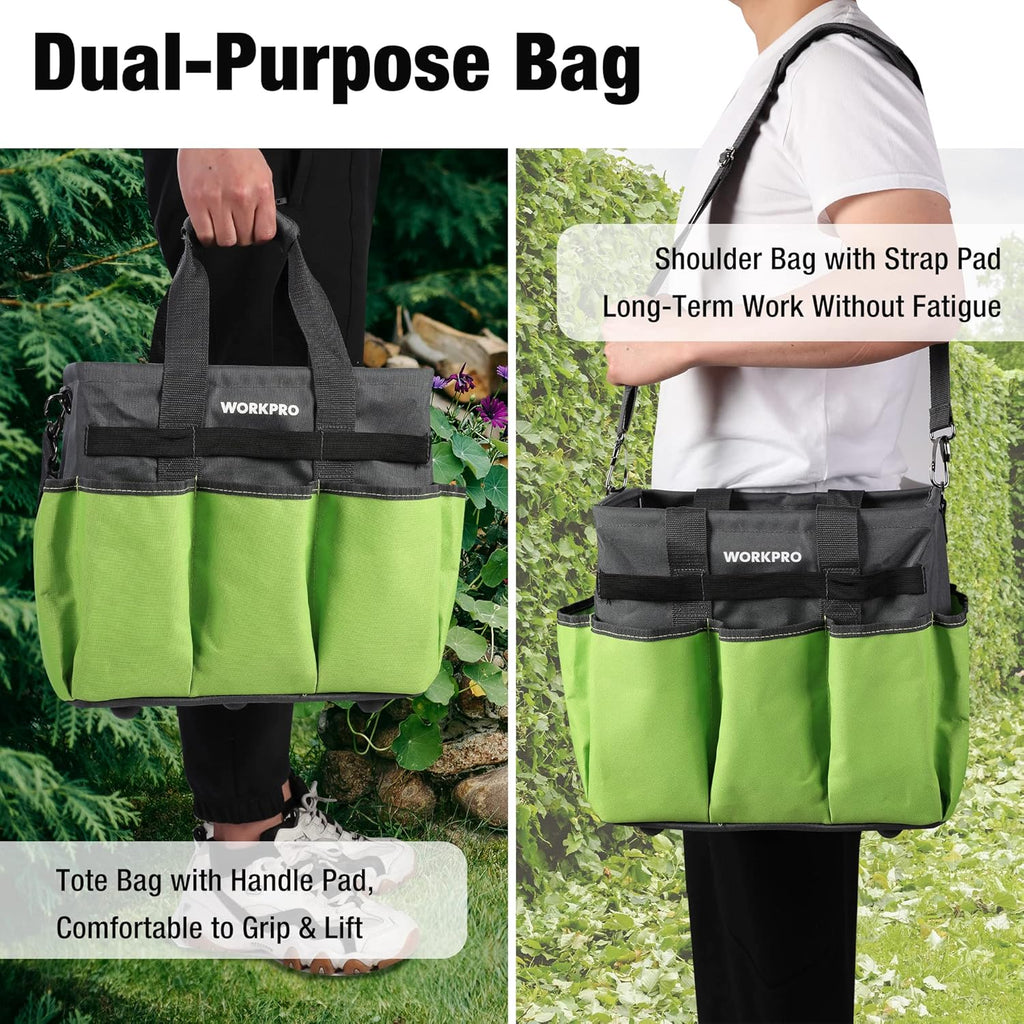 Garden Tool Bag Organizer, Heavy Duty Gardening Tote Bag with 10 Pockets and Long Adjustable Shoulder Strap