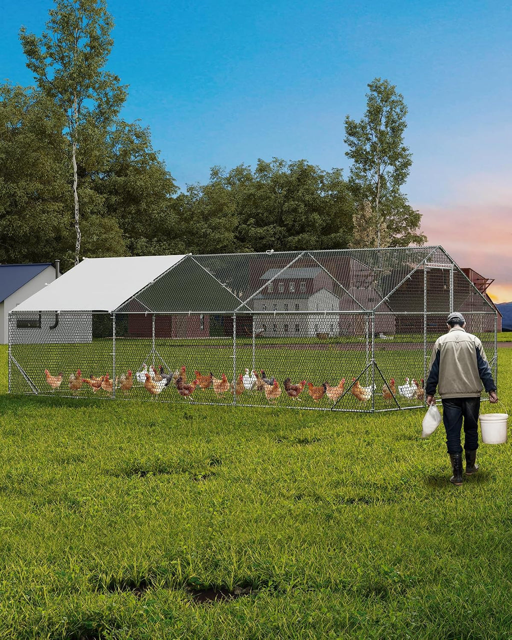 Large Metal Chicken Coop, Chicken Run for 20/30 Chickens, Outdoor Walk in Poultry Cage with Anti-UV Cover and