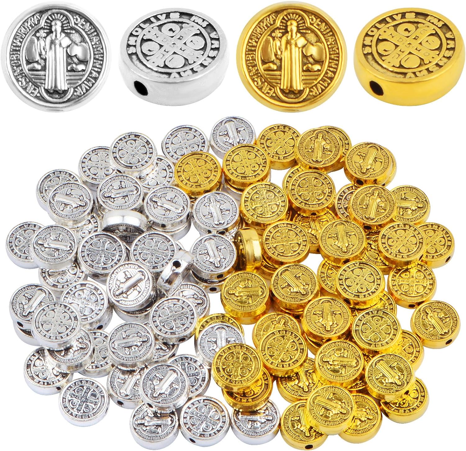 100pcs 9.5 mm Round Double-Sided Jesus Cross Spacer Beads Catholic Saint Benedict Beads Religious Loose Beads for DIY