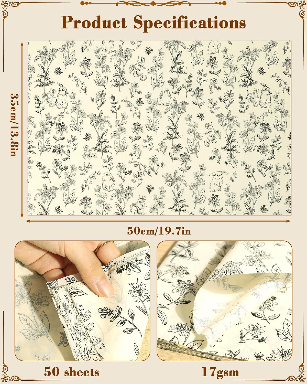 50Sheets Floral Tissue Paper for Gift Bags;Retro Patterned