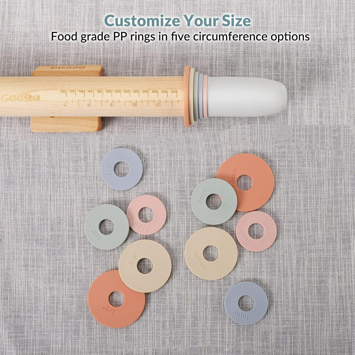 Adjustable Wood Rolling Pin with 5 Thickness Rings, Precise Dough Roller Handle Press Design with Measurement Guide
