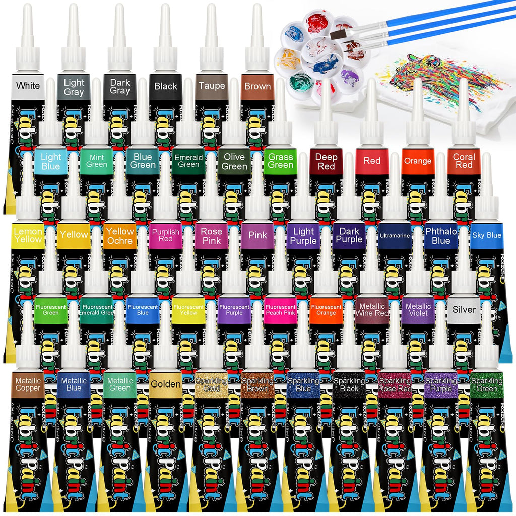 Fabric Paint Set, 48 Colors with Brushes & Palette, 0.34 oz Each